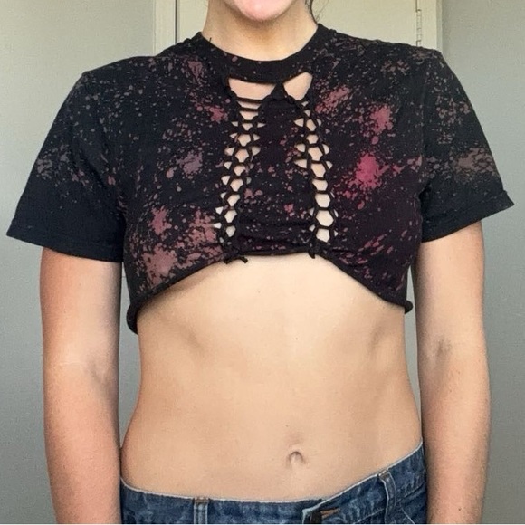 Black Reverse Tie Dye Cutout Slitweave Braided Crop Top Size S - Picture 5 of 8